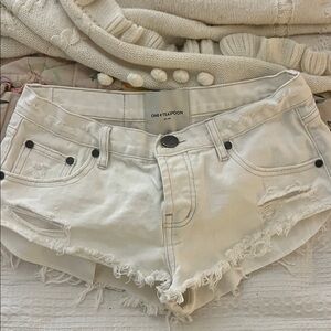 One Teaspoon Cream Frayed Jean Shorts
